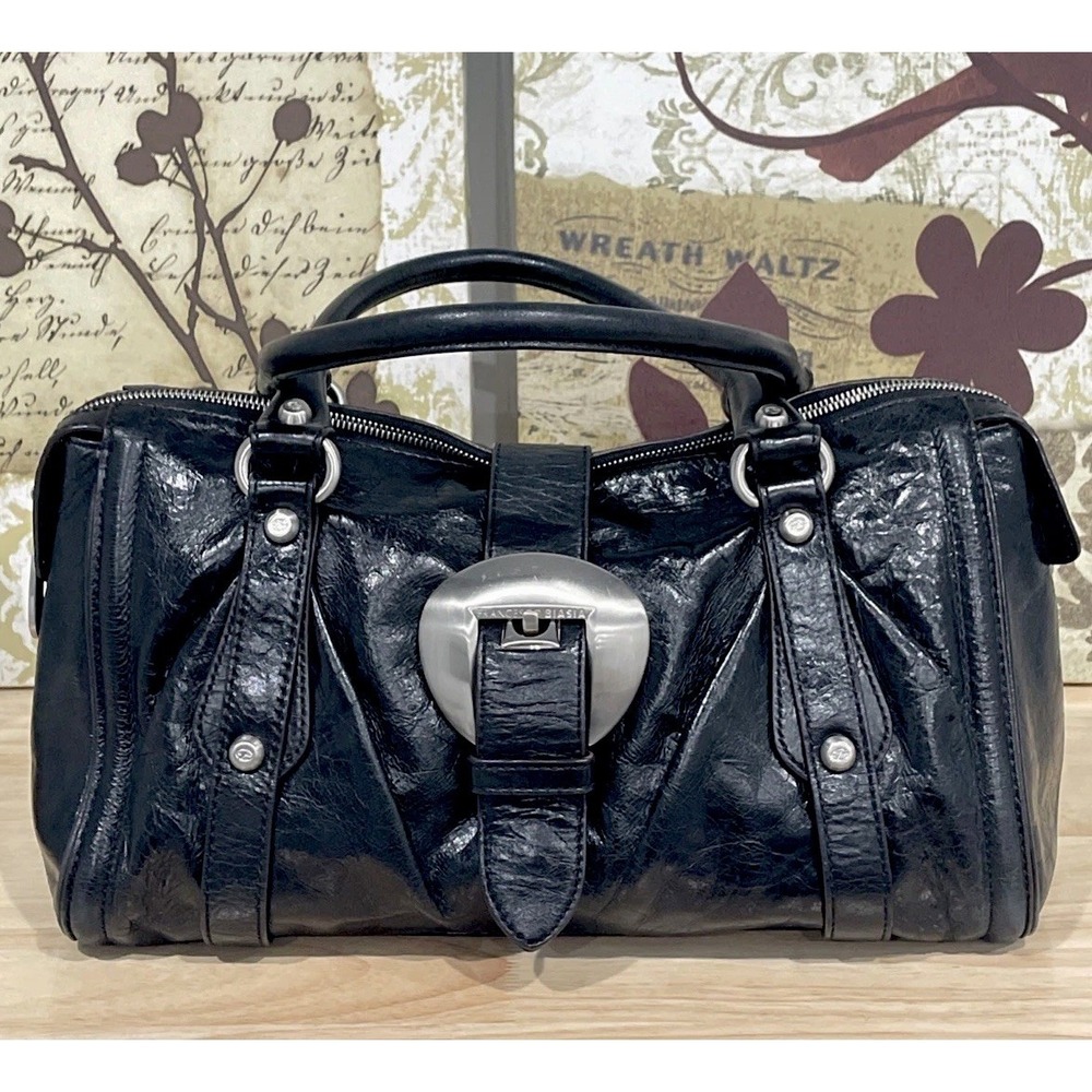 Vintage Francesco Biasia Black Calf Leather Satchel Hobo Shoulder Bag Silver HW